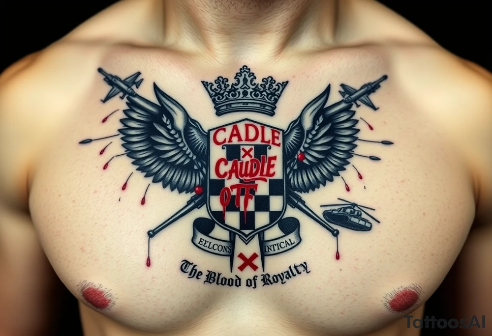 Men Doom Crest  with A Giant King Crown, CAUDLE written inside red, a chessboard, blood splatter on top of two  racing flags & OTF inside, The Words The Blood Of Royalty in red underneath the crest & 🌍 symbol in red outside of the crest, And raining blood drops, Jets/Airplanes/Helicopters/explosives flying above & Guns & Tanks & Dark Sky tattoo idea