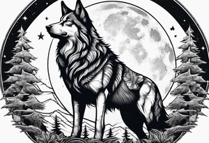 Lobo majestuoso aullandole a la luna en un bosque tattoo idea