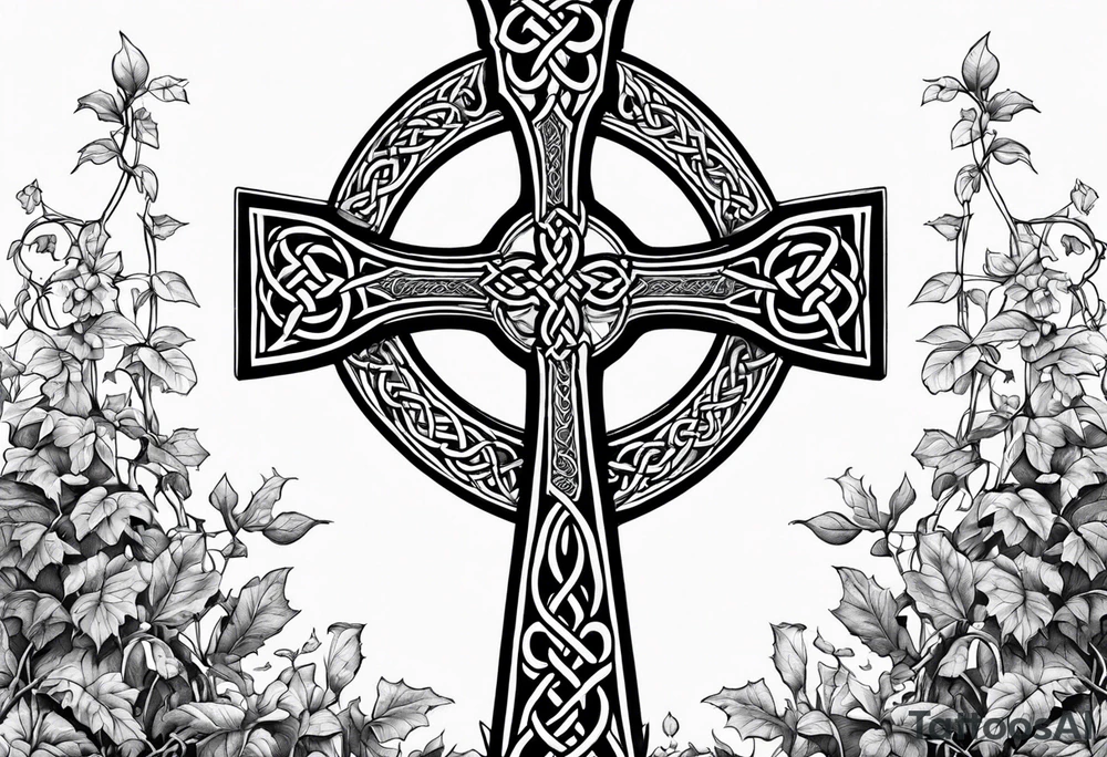 Celtic cross overgrown with ivy tattoo idea