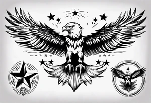 eagle taking flight, surrounded by four stars tattoo idea