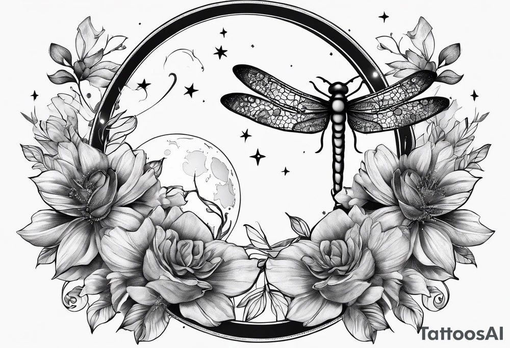 Floral moon phases with dragonfly and chain with stars in a line tattoo idea