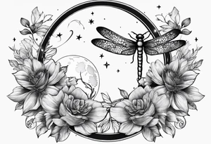Floral moon phases with dragonfly and chain with stars in a line tattoo idea