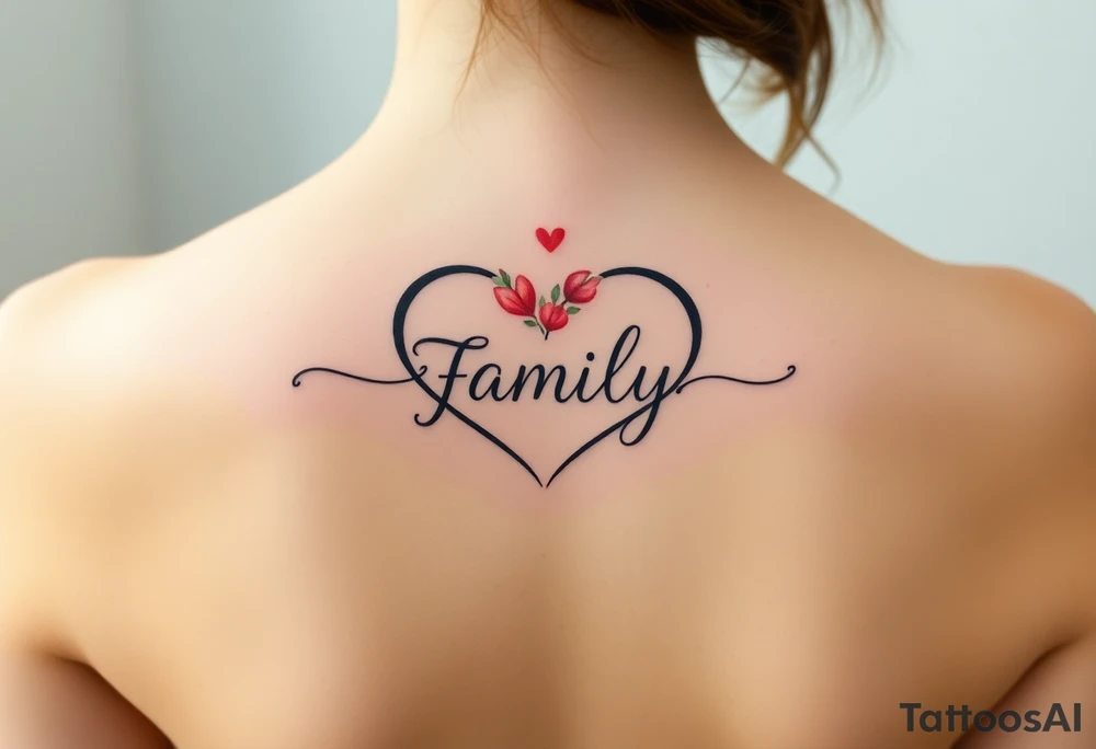 An infinity symbol with a heart-shaped infinity loop, and the word "family" elegantly placed at the center in a soft script tattoo idea
