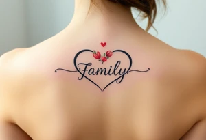 An infinity symbol with a heart-shaped infinity loop, and the word "family" elegantly placed at the center in a soft script tattoo idea