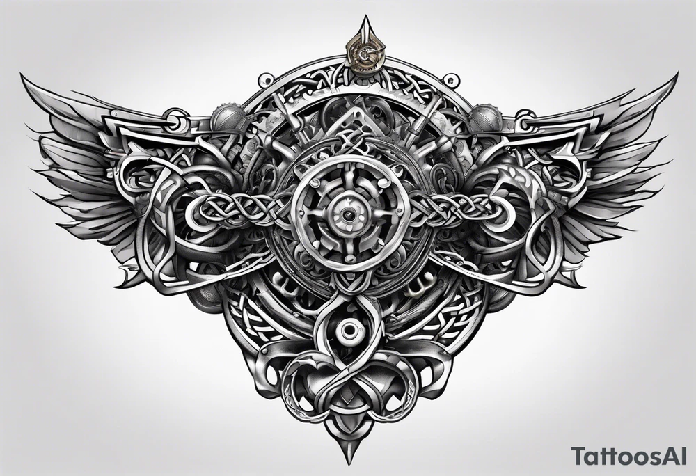 Traditional Celtic styled knot work combined with steampunk biomechanical sleeve design tattoo idea