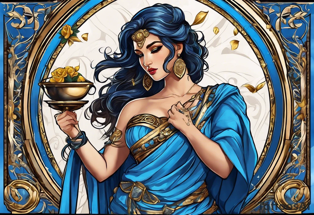 ancient rome clothes ,women,,ancient scale in one hand, blue rose frames, justicia ,keeps  scale tattoo idea