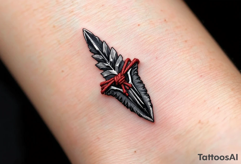 A hand-carved flint arrowhead in gray with red cord wrapping, symbolizing strength and survival tattoo idea