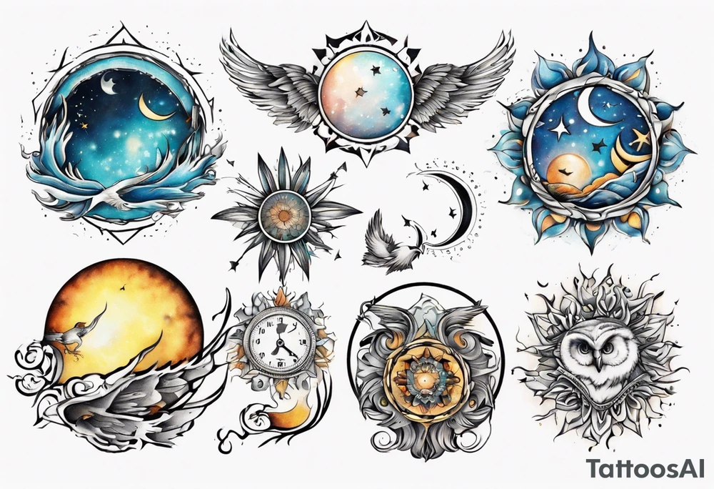 Mond und Sonne mit Eule und Wassermann tattoo idea