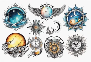Mond und Sonne mit Eule und Wassermann tattoo idea