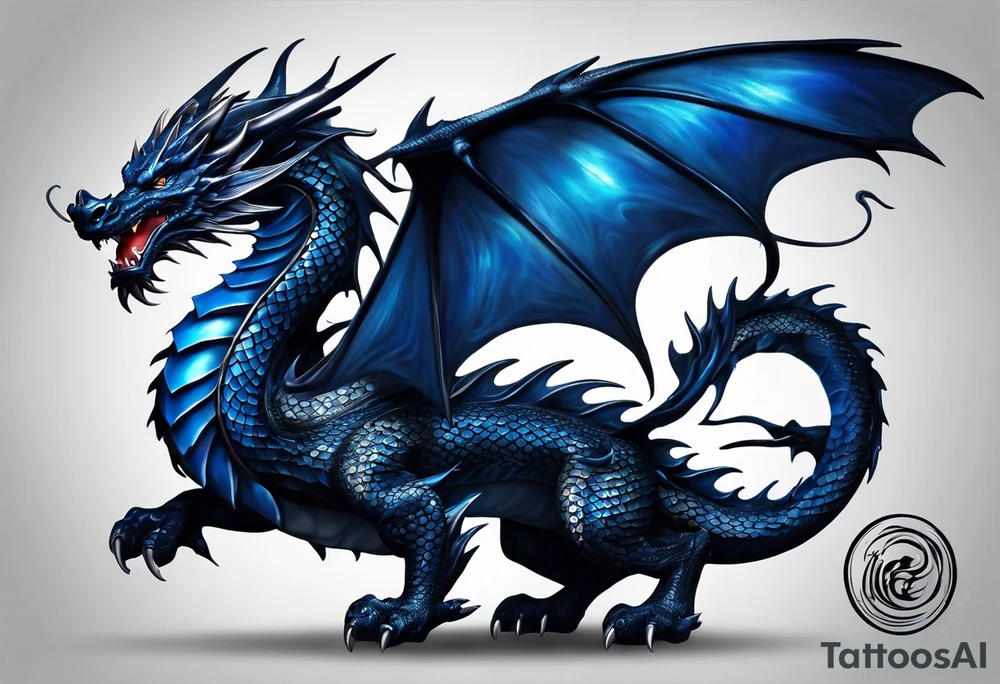 An epic floating dragon. Its long body coiling dynamically, with scales and horns detailed to create a sense of movement and strength. The dragon's main color is midnight blue, giving a vibrant depth and a mystical aura. This tattoo highlights the dragon’s fierce expression and sharp claws. tattoo idea