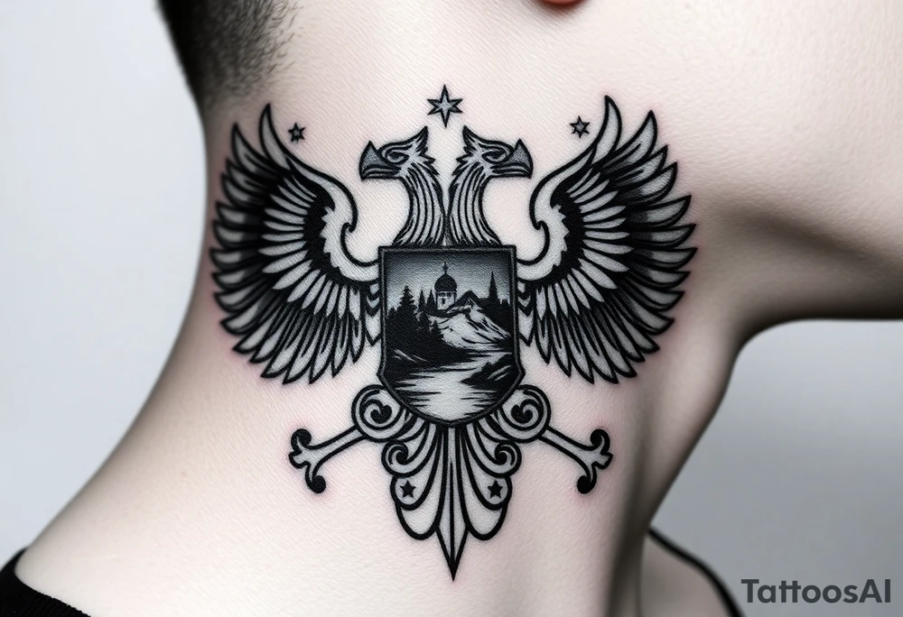 Traditional authentic Russian coat of arms with double headed eagle & a well shaded Christian orthodox virgin marry crest in the middle with silhouette of a lake in a Russian wilderness Christian orthodoxy dome church village setting on the side of my neck tattoo idea
