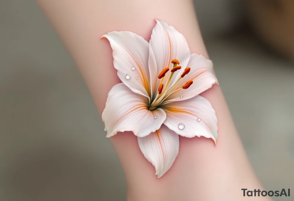 A beautifully detailed white lily with soft golden accents, its petals gracefully curving outward, revealing subtle hints of blush pink near the center. Tiny dew droplets rest on the petals, reflecting light for a realistic effect. tattoo idea