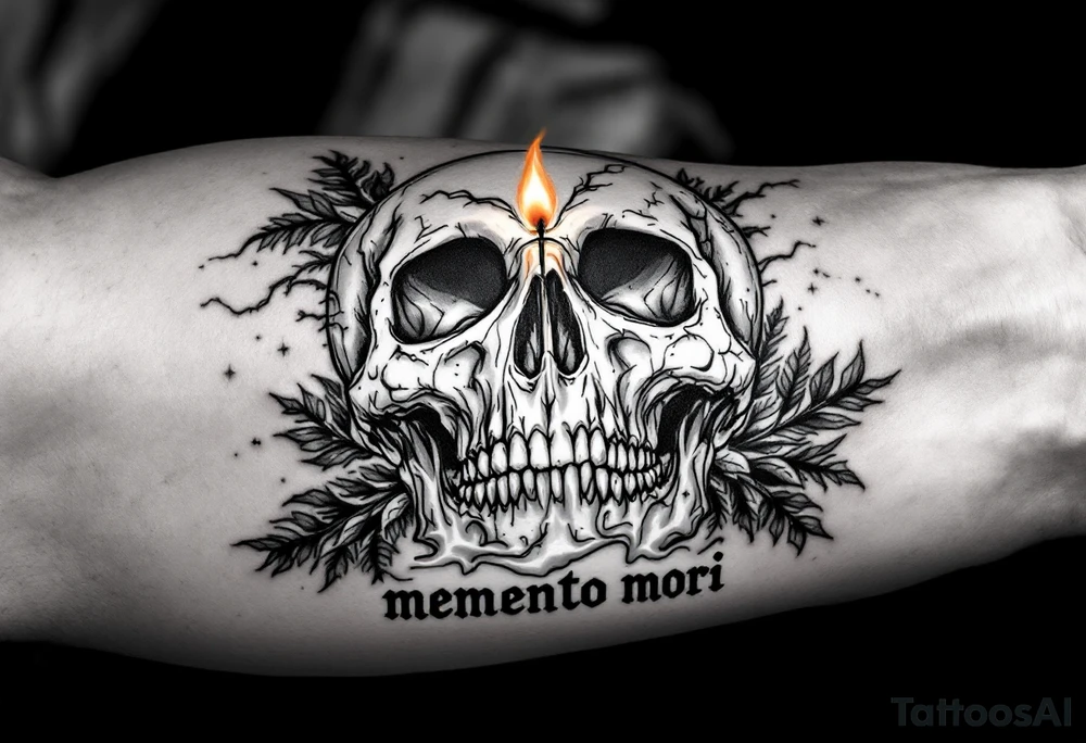A candle slowly melting on a skull in black and white, the flame in soft orange and yellow with "memento mori" underneath. tattoo idea