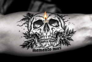A candle slowly melting on a skull in black and white, the flame in soft orange and yellow with "memento mori" underneath. tattoo idea