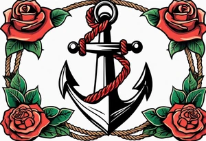 old school anchor sitting at an angle 
with rope wrapped around anchor and banner across anchor and old school roses tattoo idea
