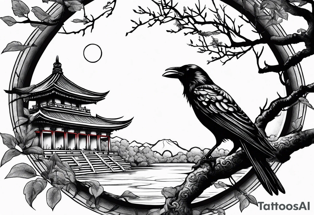 Crow moon tree Roman temple ruins tattoo idea