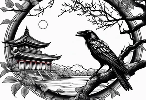 Crow moon tree Roman temple ruins tattoo idea