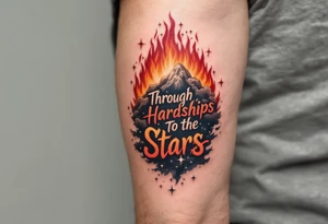 Inked in a burning gradient from red to orange, the quote “Through Hardships To the Stars” rises over storm clouds into twinkling silver stars. tattoo idea