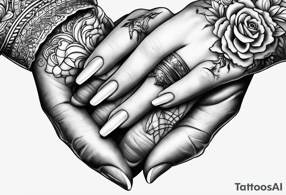 two lady hands holding a white, shiny tooth tattoo idea