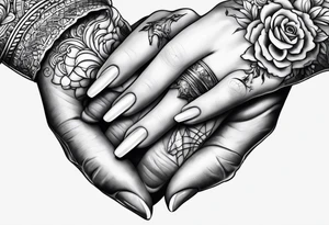 two lady hands holding a white, shiny tooth tattoo idea