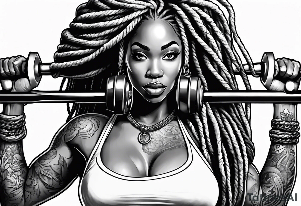 Black woman with locs holding barbell tattoo idea