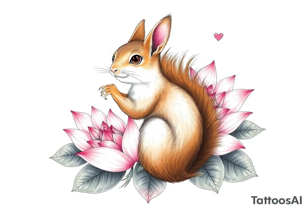 Crazy new school squirrel blooming lotus flowers tattoo idea
