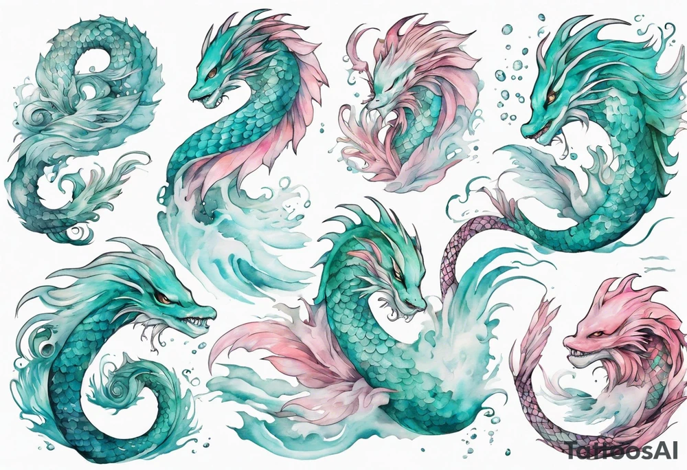 a turquoise and white and pink feathered sea serpent mermaid hybrid with beautiful eyes emerging from the stormy sea tattoo idea