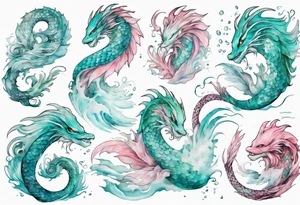 a turquoise and white and pink feathered sea serpent mermaid hybrid with beautiful eyes emerging from the stormy sea tattoo idea