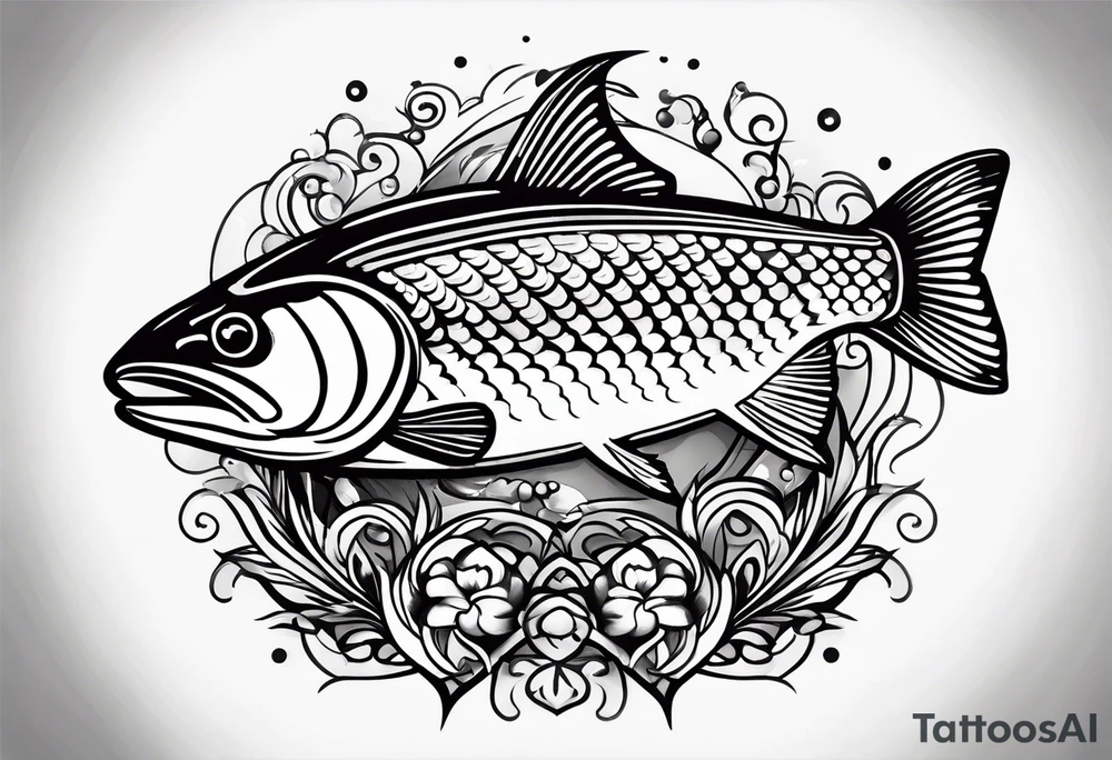 A small tattoo featuring a lovestruck trout as the main theme, drawn without lines, using only color combinations. tattoo idea