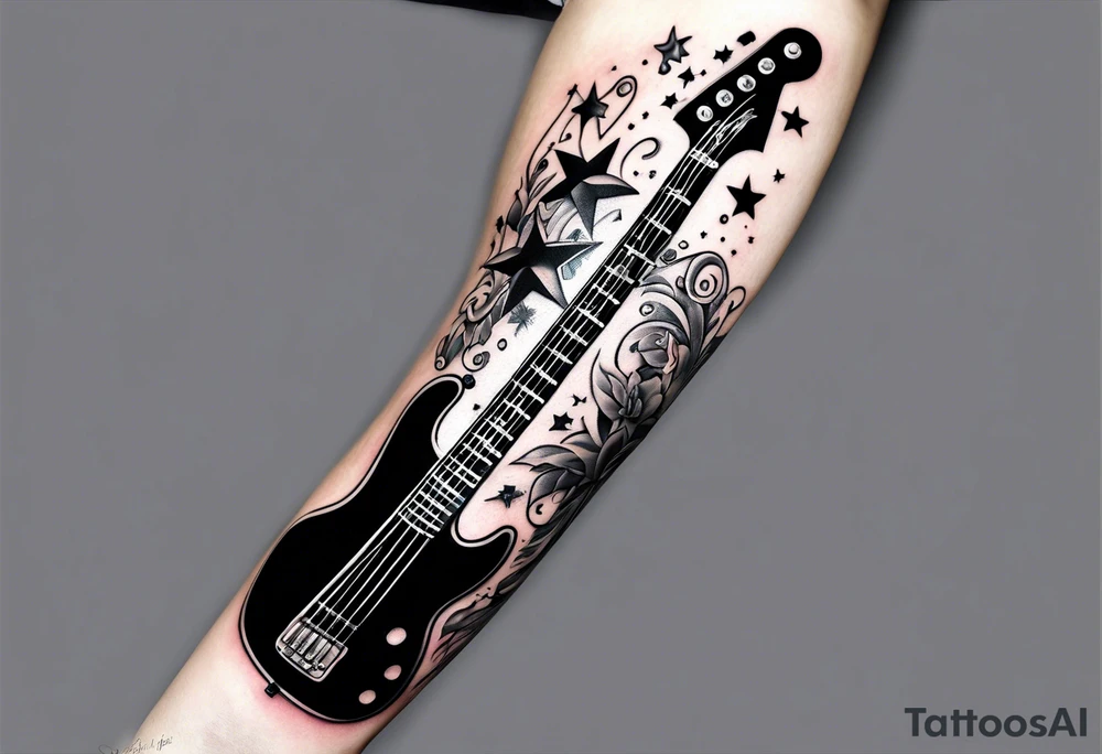 Tattoo full left arm with a collage of a bass guitar, mickey mouse, a caduceus, two stars tattoo idea