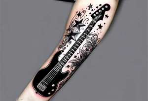Tattoo full left arm with a collage of a bass guitar, mickey mouse, a caduceus, two stars tattoo idea