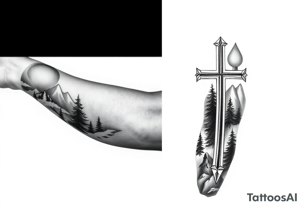 russian orthodox cross with the diagonal line at the bottom with a light forrest with a light mountainous setting tattoo idea