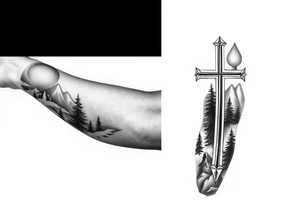 russian orthodox cross with the diagonal line at the bottom with a light forrest with a light mountainous setting tattoo idea
