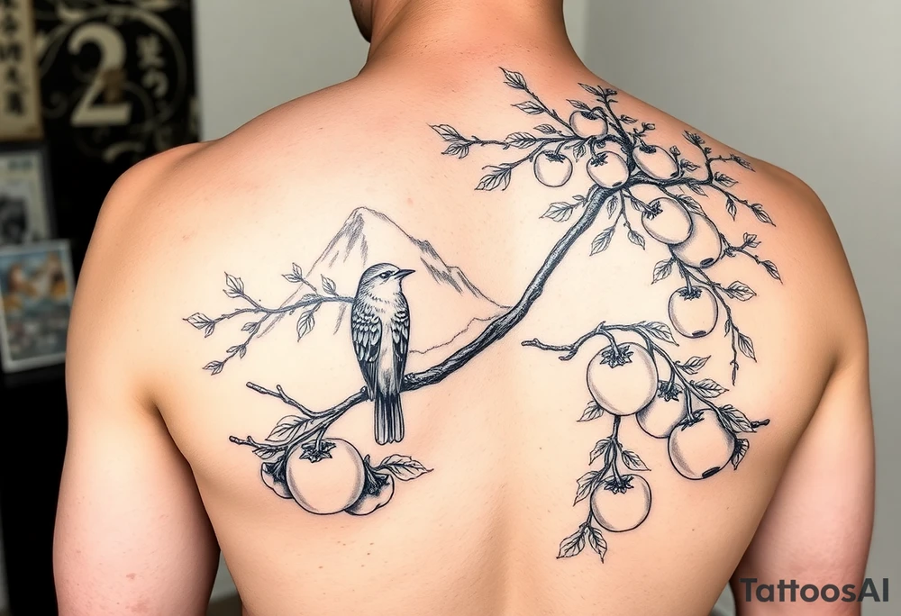 bird on persimmon tree with lots of branches and fruits with mountains in background japanese style tattoo idea