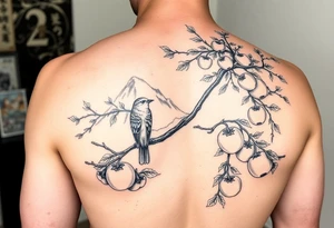 bird on persimmon tree with lots of branches and fruits with mountains in background japanese style tattoo idea
