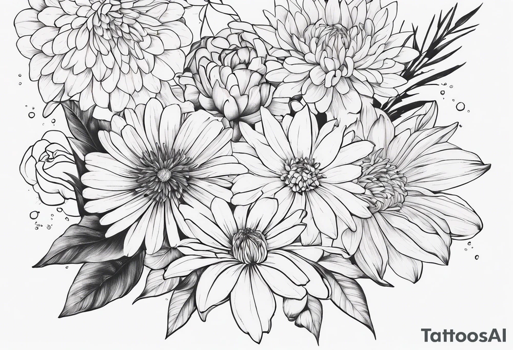 Asters, roses, Lillies, chrysanthemums in a long line tattoo idea