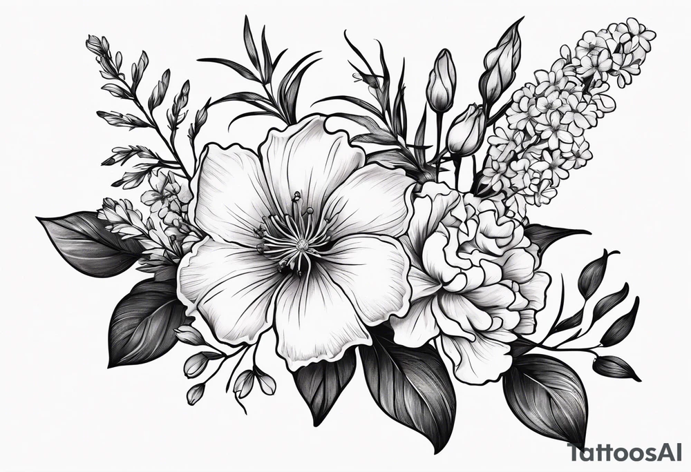 Simple Tattoo of a floral Bouquet with larkspur with stem, carnation with stem, violet, with stem, daisy with stem tattoo idea