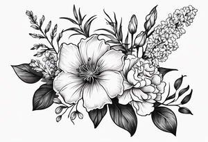 Simple Tattoo of a floral Bouquet with larkspur with stem, carnation with stem, violet, with stem, daisy with stem tattoo idea