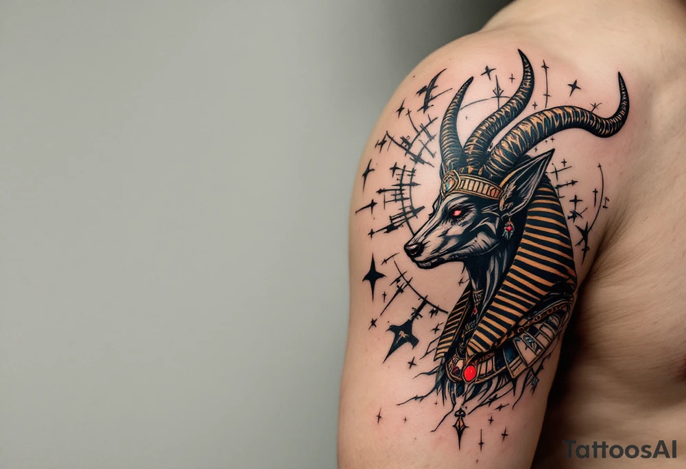 An Anubis with a Halo - Blending Egyptian mythology with Christian spirituality (only red , blue and black are possible colors) tattoo idea