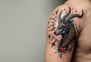 An Anubis with a Halo - Blending Egyptian mythology with Christian spirituality (only red , blue and black are possible colors) tattoo idea