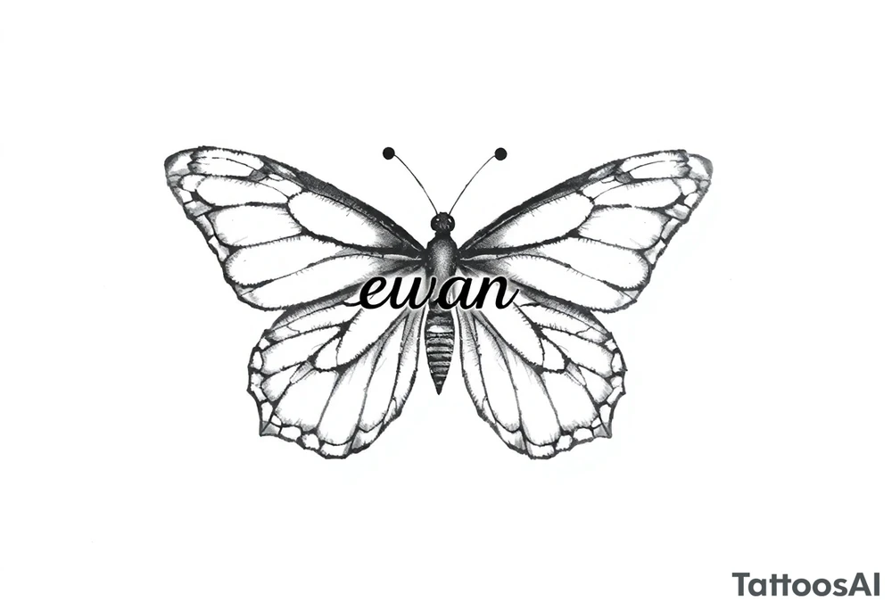 A butterfly with the name “euan” incorporated into the butterflies wings tattoo idea