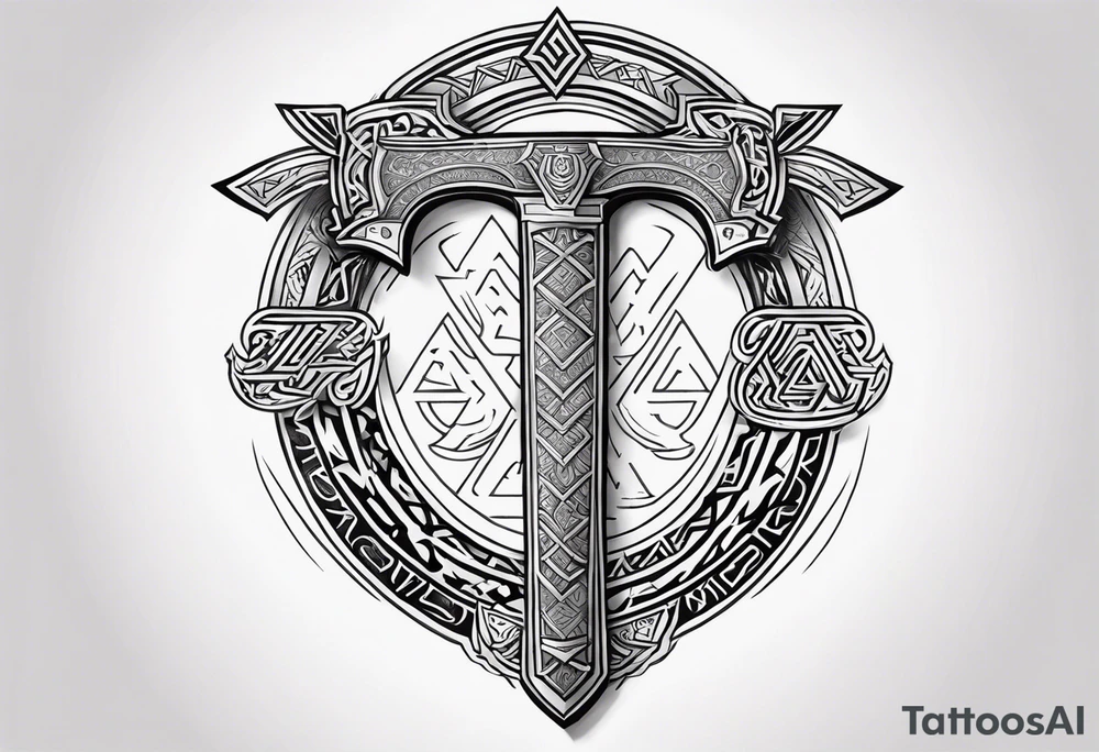 Valhalla 
 sword axe valknut tattoo idea