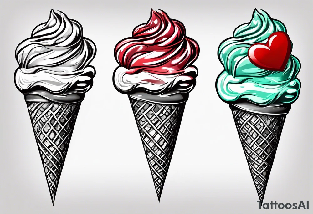 mint chocolate chip ice cream cone with small red heart on it somewhere. tattoo idea