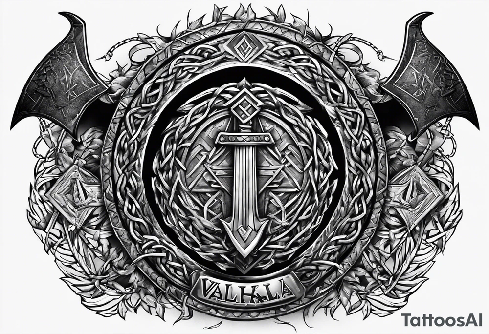Valhalla sword shield axe Valknut barbed wire chains tattoo idea Valhalla sword shield axe Valknut barbed wire chains tattoo idea