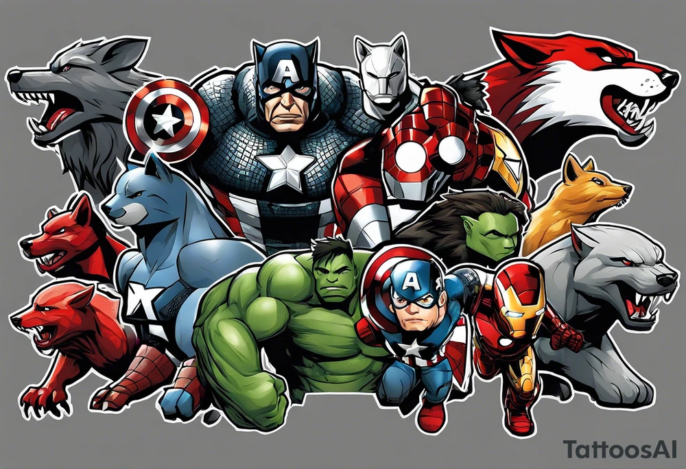 I want to change Avengers Team characters with animals. Hulk will be Badger, Thor will be Alpha Grey Wolf, Captain America will be Bull, Iron Man will be Canary, Black Widow will be Axolotl, Hawk Eye will be Sudan Plated Lizard and Nick Fury will be Cat. tattoo idea