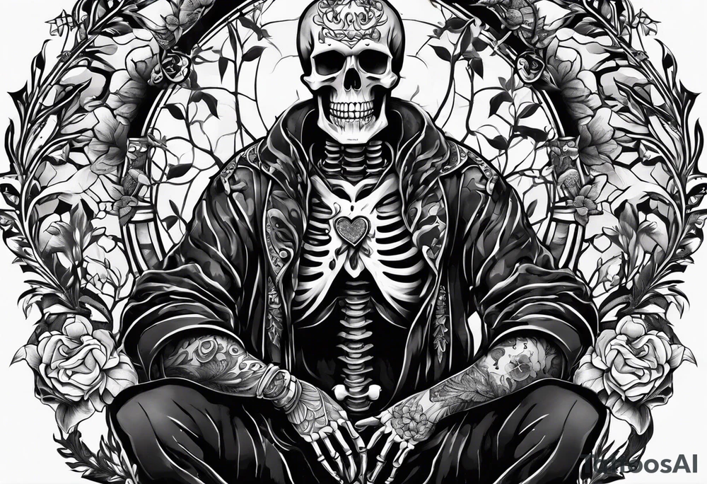 a full body skeleton sitting with his heart in his hand tattoo idea