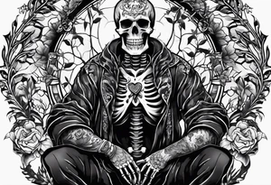 a full body skeleton sitting with his heart in his hand tattoo idea