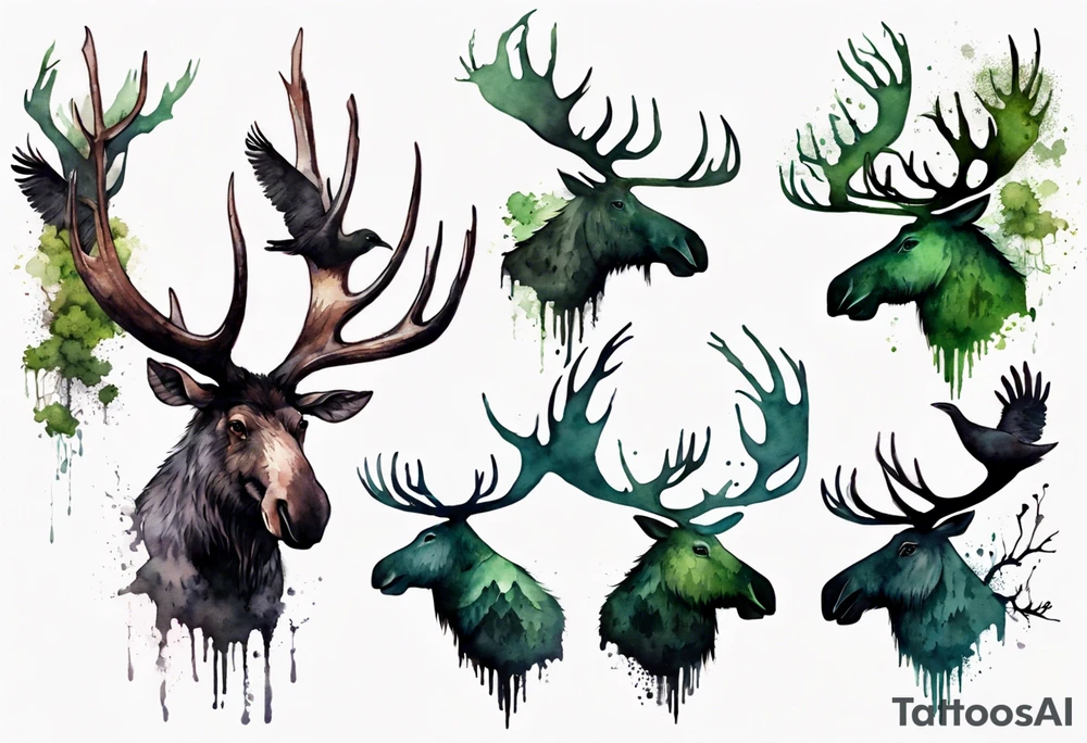 dark shadow birds perched on the antlers of a giant moose covered in moss tattoo idea