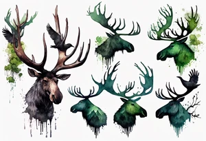 dark shadow birds perched on the antlers of a giant moose covered in moss tattoo idea