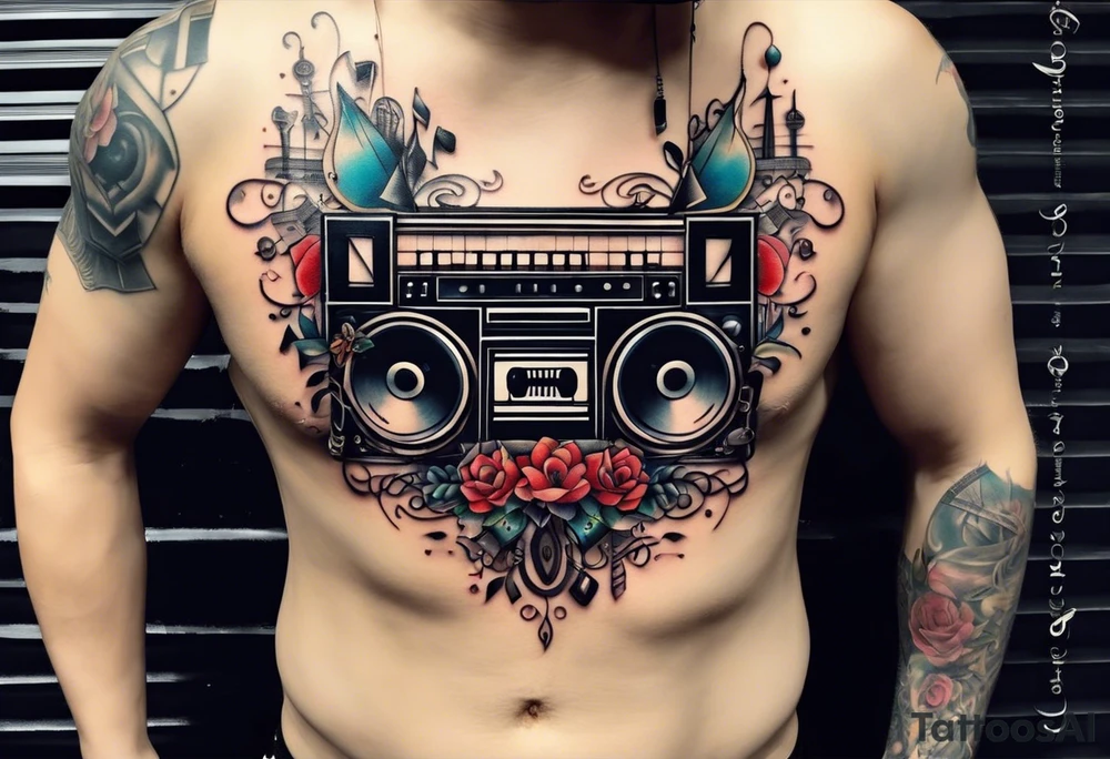 This tattoo features a stylized assembly of various music-related elements. At the center is a cassette tape with realistic details and proportions. It is overlaid with a keyboard, the keys extending outward on one side. There are electric guitars and drums. Intertwined with these are abstract designs, including straight and wavy lines, geometric shapes like triangles, and scientific elements like an atom model. Additionally, a detailed avian creature perches on the tape, adding an organic touch to the otherwise geometric and mechanical motif. tattoo idea